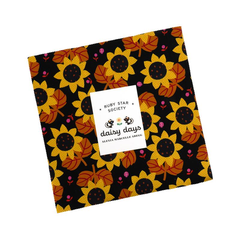 Ruby Star Society Daisy Days layer cake by Alexia Marcelle Abegg, 10 inch quilting cotton squares with a black sunflower print on top