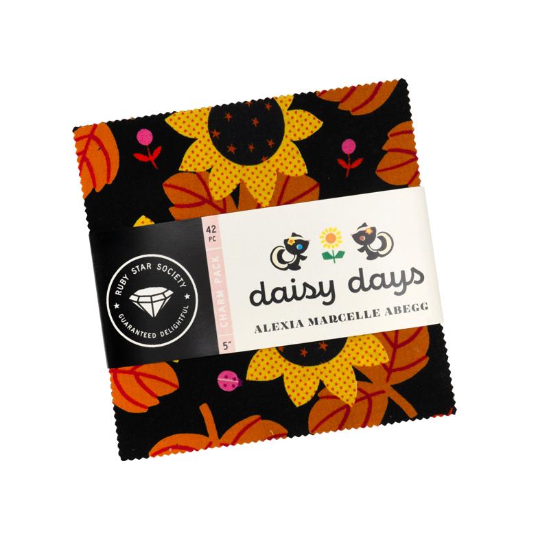 Ruby Star Society Daisy Days charm pack by Alexia Marcelle Abegg, 5 inch quilting cotton squares with a black sunflower print