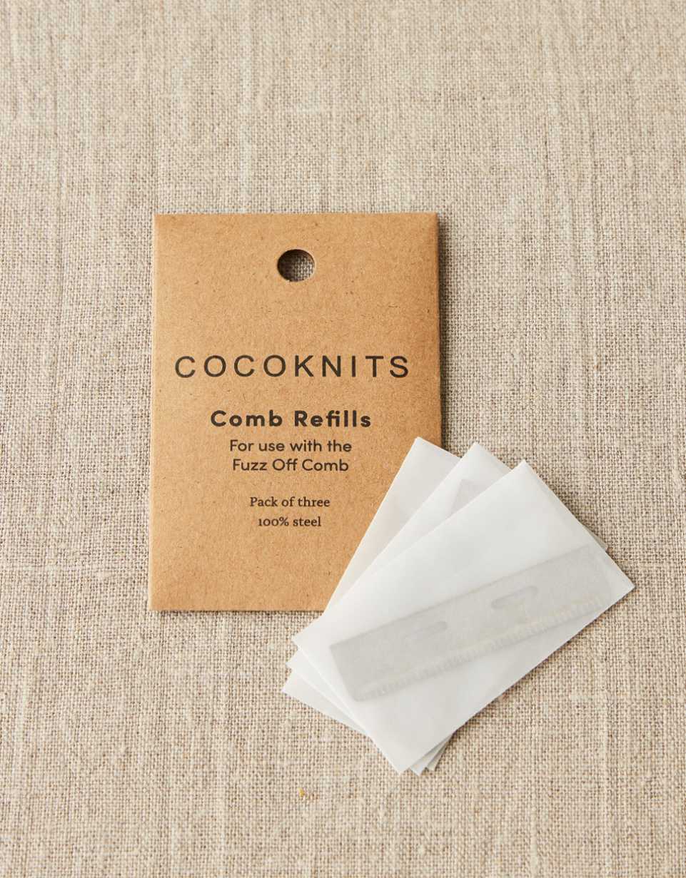 CocoKnits Fuzz Off Comb refills in kraft packaging with replacement blades