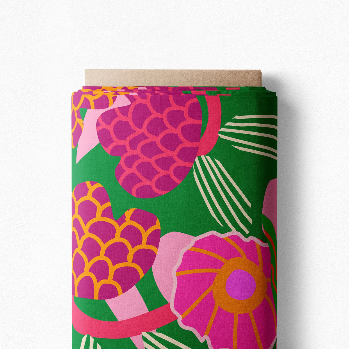 Honeycomb Flower cotton poplin on a bolt, large pink flowers with striped leaves on green