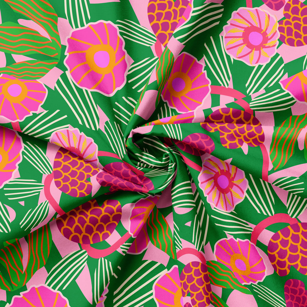 Honeycomb Flower fabric swirled to show the pink and green tropical floral