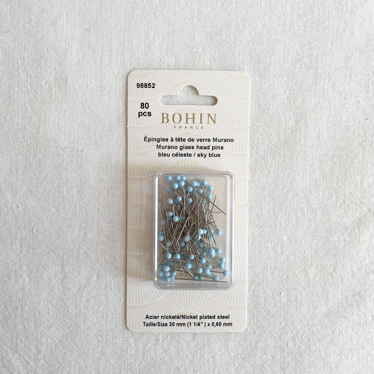 Bohin glass head sewing pins box with the 1 1/4 inch label, quilting and dressmaking pins
