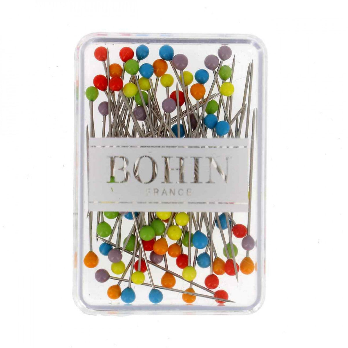Bohin glass head pins, 80 count, 1 1/4 inch, in a clear box with colorful pin heads