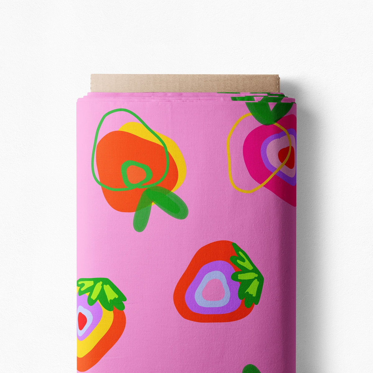 Jam Session cotton jersey on a bolt, abstract rainbow strawberries on pink