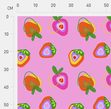 Jam Session classic-scale strawberry print shown against a centimeter ruler for scale