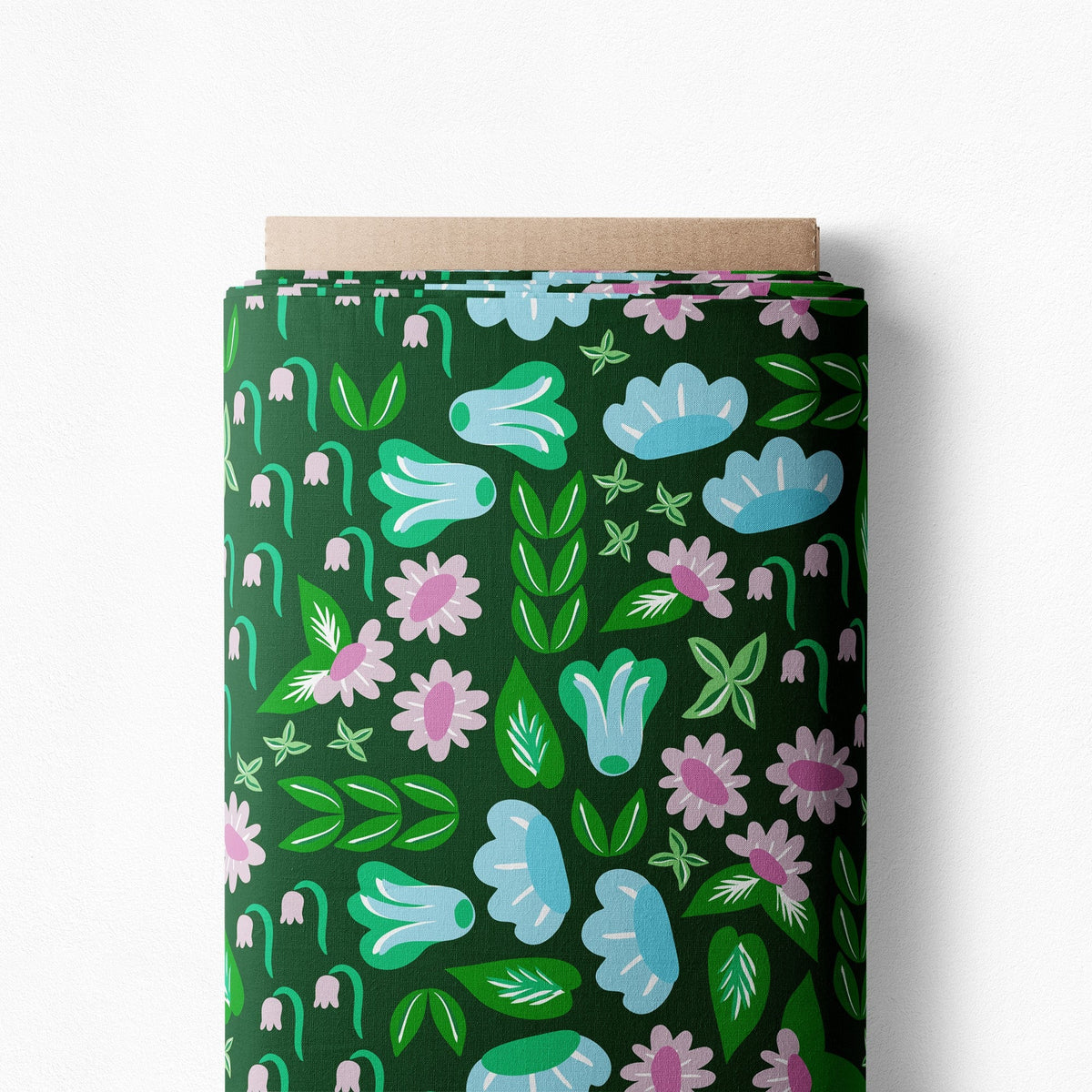 Lakewood cotton twill on a bolt, light blue and pink flowers on deep green