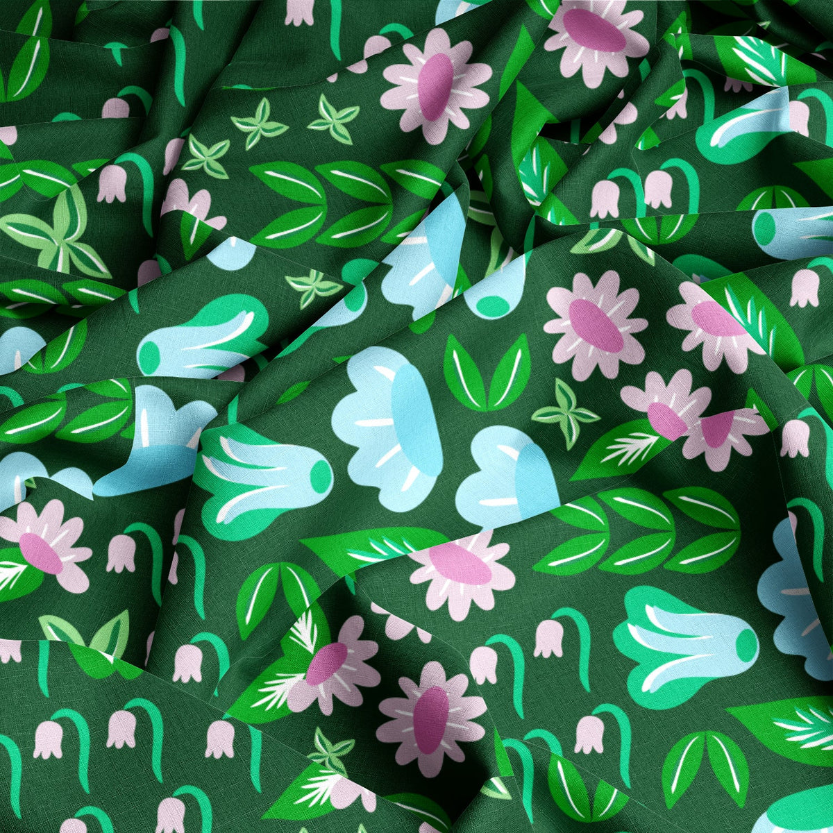 Lakewood fabric draped to show the small green woodland floral