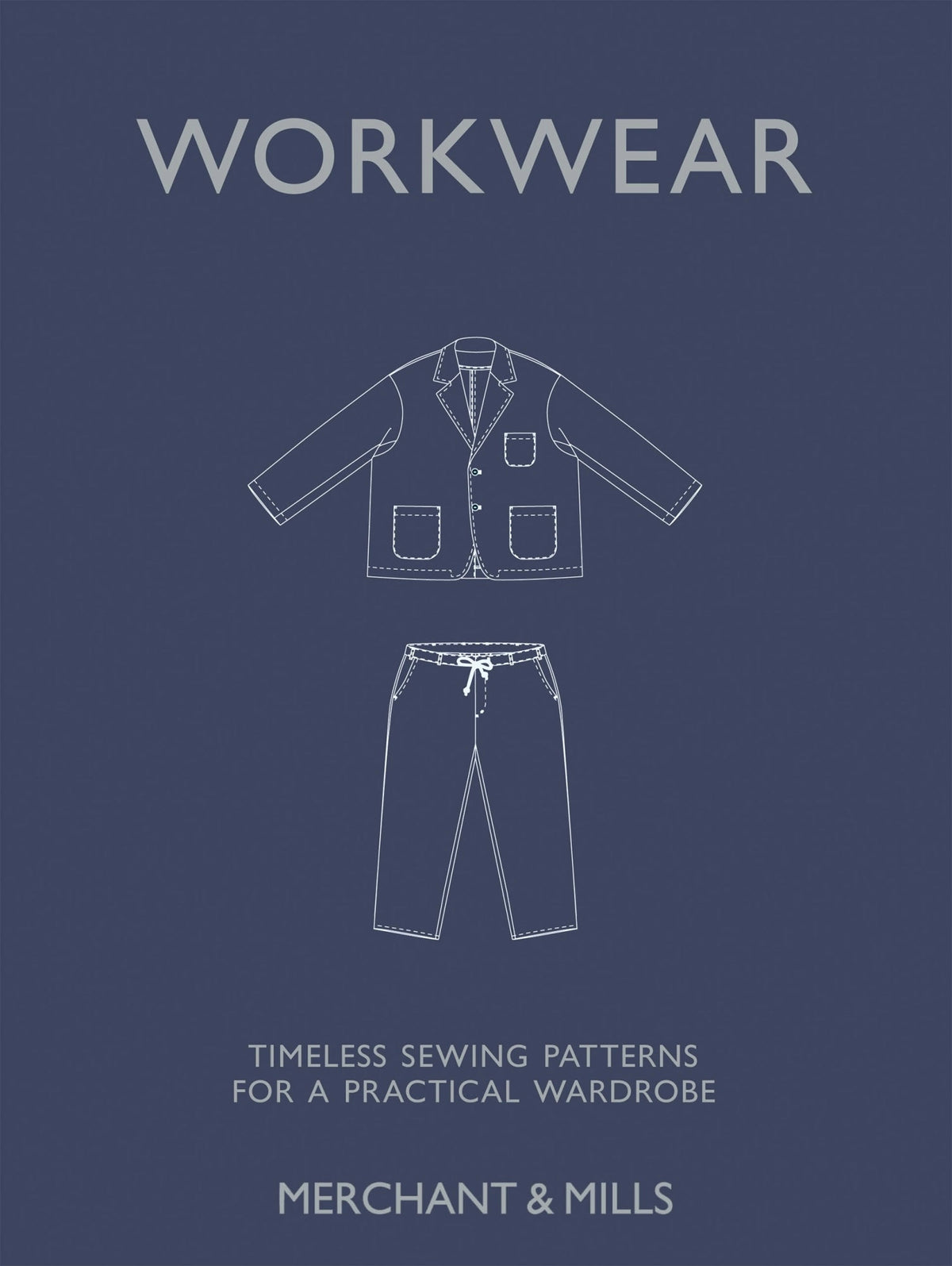 Merchant & Mills Workwear sewing pattern book cover in navy with a jacket illustration