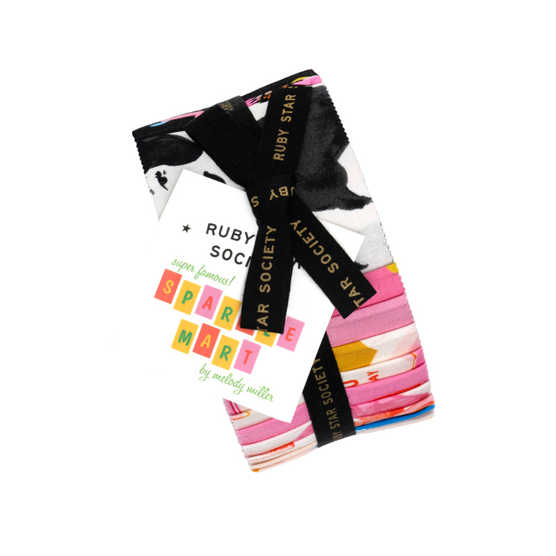 Ruby Star Society Sparkle Mart jelly roll, rolled 2.5 inch quilting cotton strips tied with black ribbon
