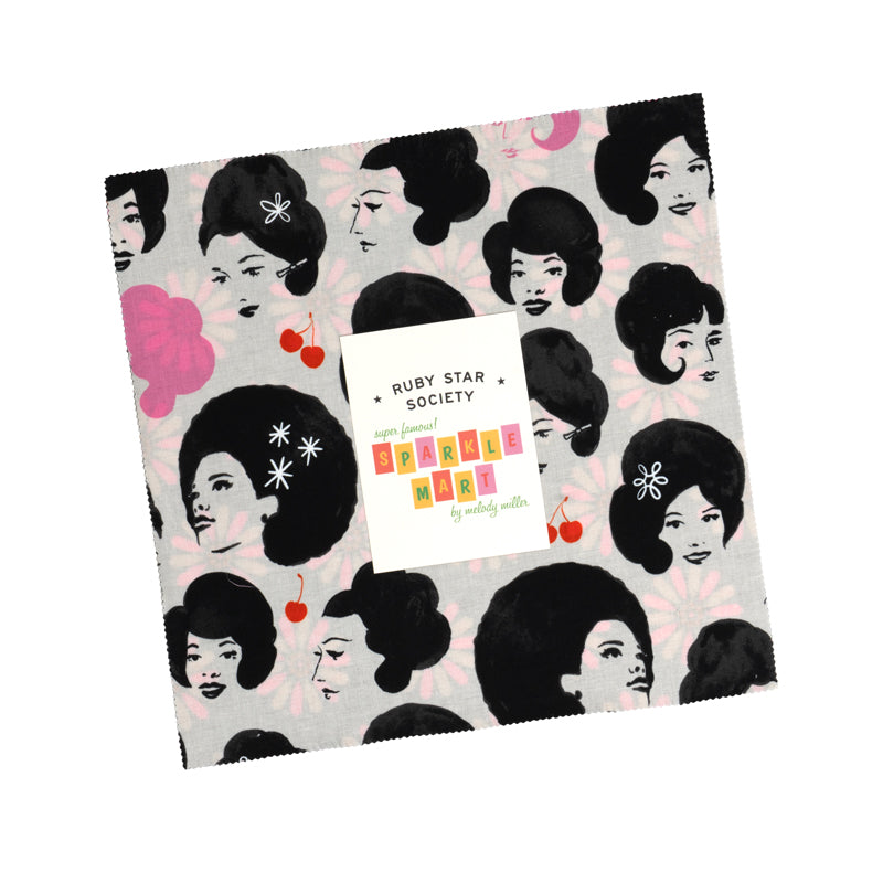 Ruby Star Society Sparkle Mart layer cake, 10 inch quilting cotton squares with a retro hair salon print on top