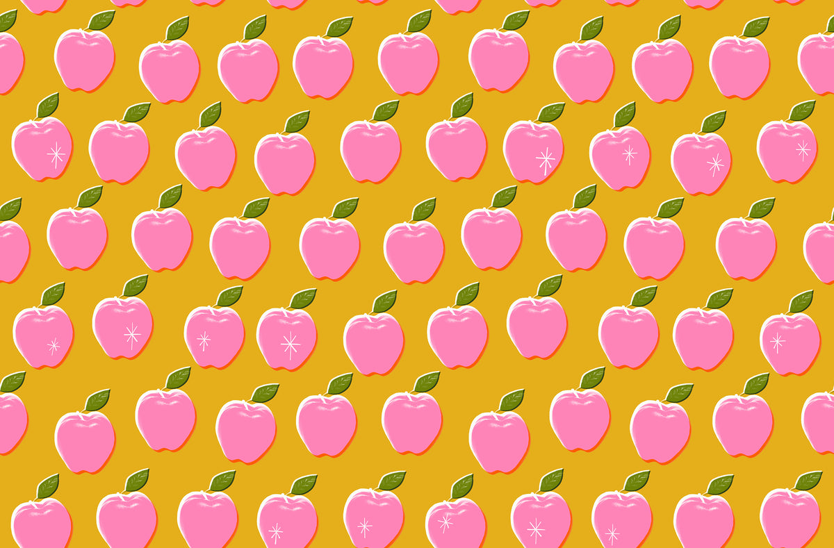 Ruby Star Society Sparkle Shopper quilting cotton swatch, Apples in Goldenrod (RS0126-12), yellow apples on gold, in the fat quarter bundle