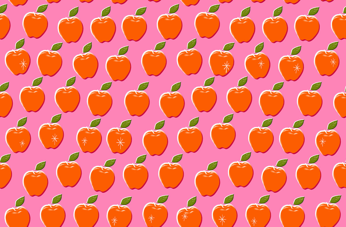 Ruby Star Society Sparkle Shopper quilting cotton swatch, Apples in June (RS0126-14), red apples on pink, in the fat quarter bundle