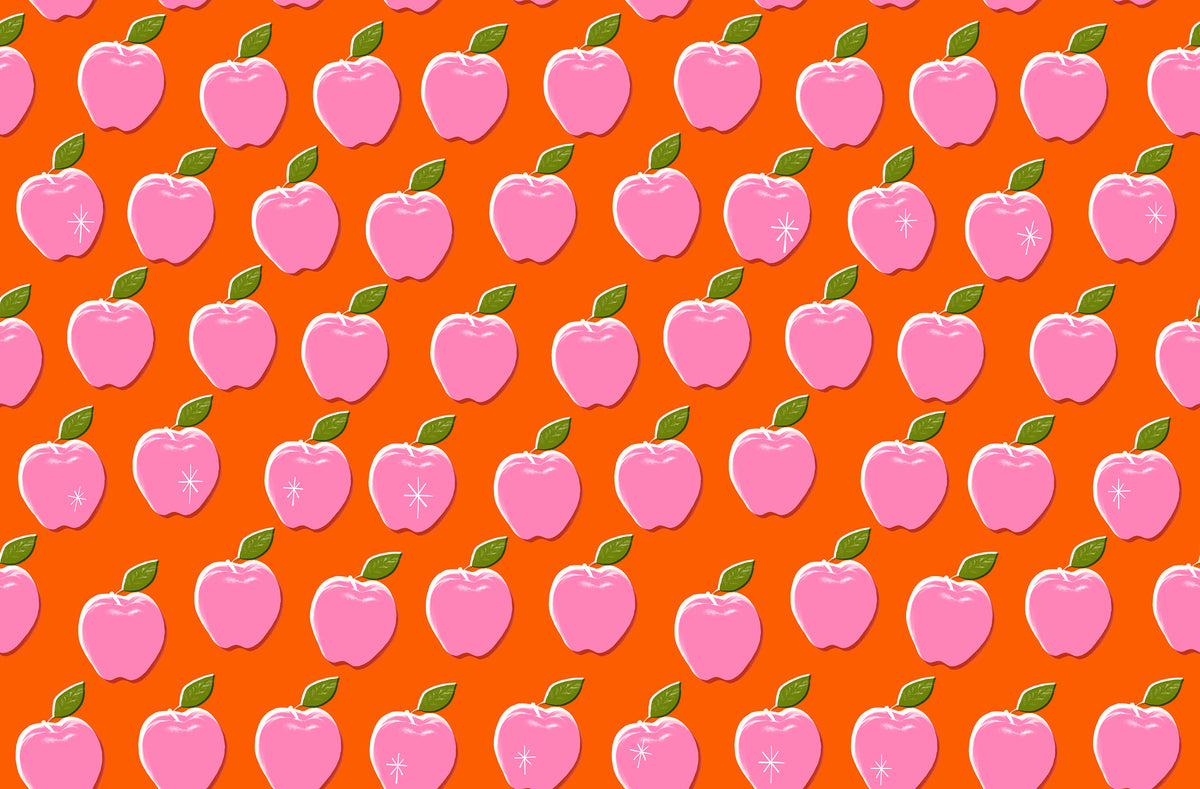 Ruby Star Society Sparkle Shopper quilting cotton swatch, Apples in Florida (RS0126-15), tangerines on coral, in the fat quarter bundle