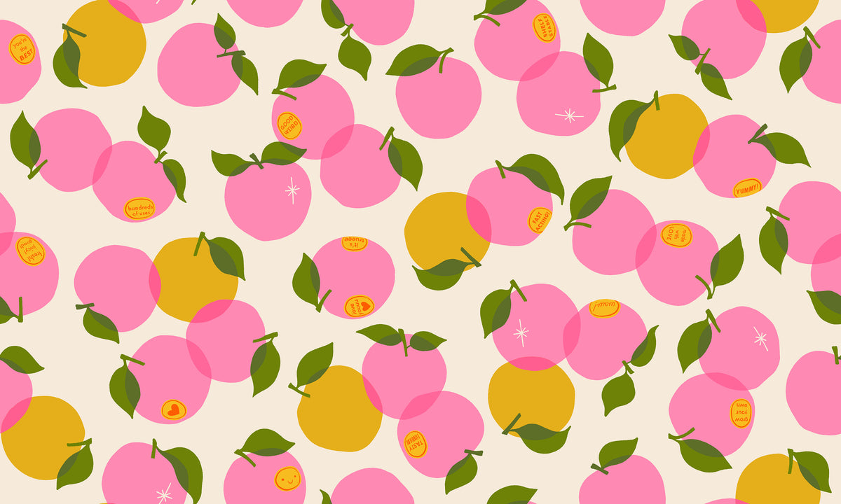 Ruby Star Society Sparkle Shopper quilting cotton swatch, Fruit Special in Shell (RS0127-12), pink and yellow fruit on cream, in the fat quarter bundle