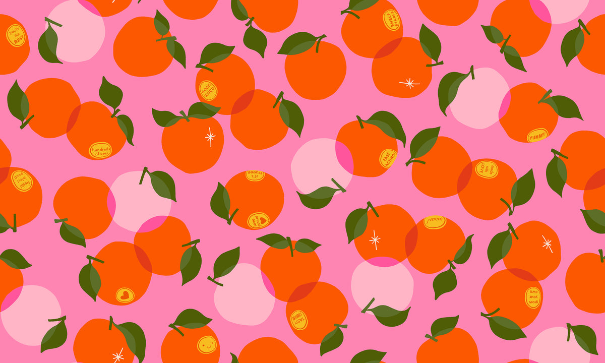 Ruby Star Society Sparkle Shopper quilting cotton swatch, Fruit Special in June (RS0127-15), cherries and fruit on pink, in the fat quarter bundle