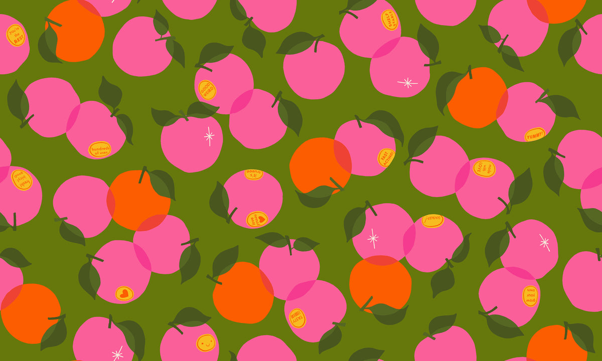 Ruby Star Society Sparkle Shopper quilting cotton swatch, Fruit Special in Sprout (RS0127-17), fruit on green, in the fat quarter bundle