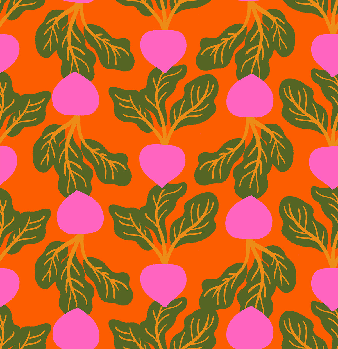 Ruby Star Society Sparkle Shopper quilting cotton swatch, Radishing in Florida (RS0128-12), pink radishes with leaves on orange, in the fat quarter bundle