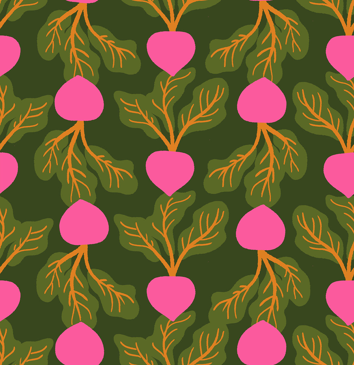 Ruby Star Society Sparkle Shopper quilting cotton swatch, Radishing in Jen Green (RS0128-15), pink radishes on green, in the fat quarter bundle