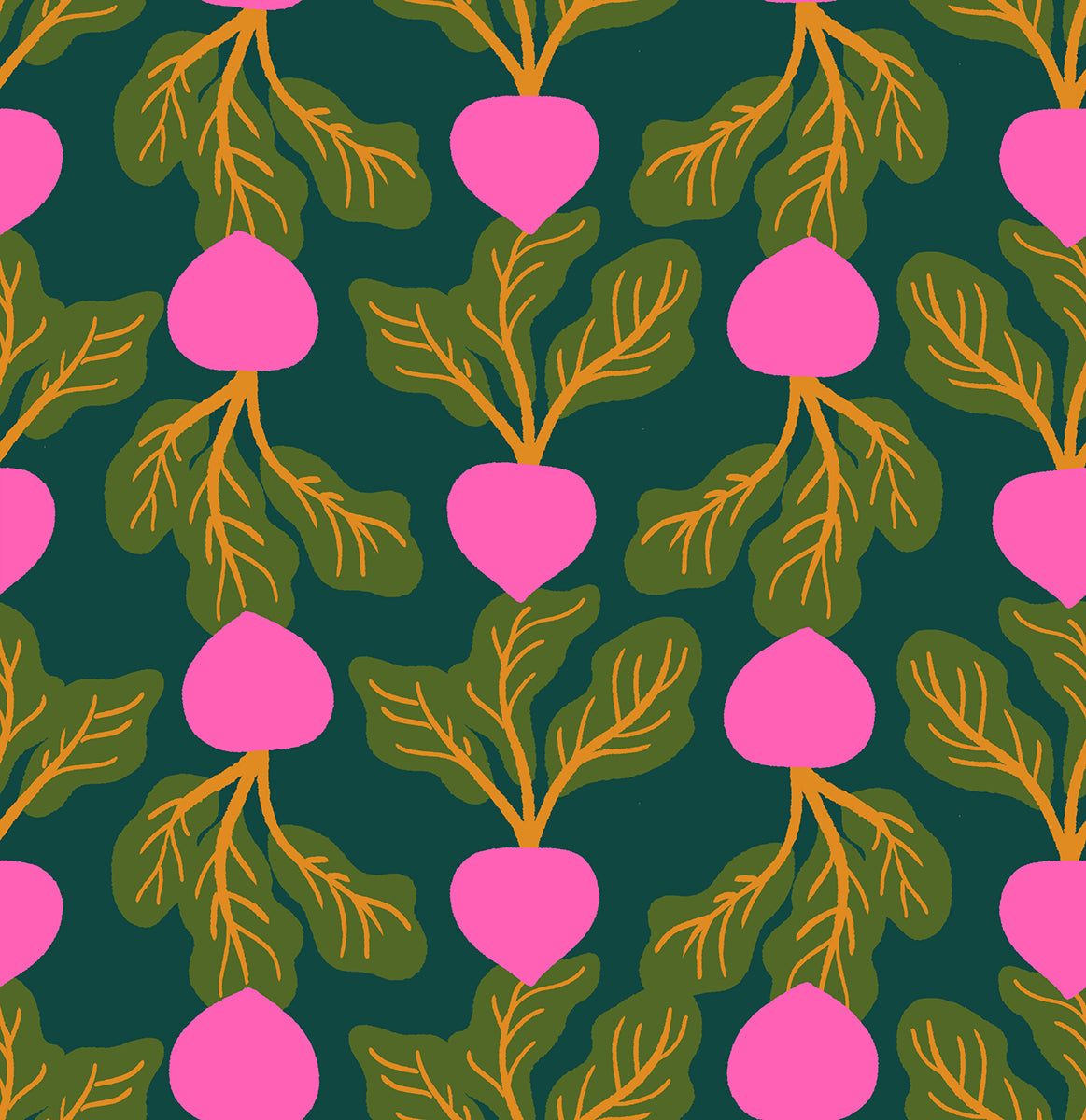 Ruby Star Society Sparkle Shopper quilting cotton swatch, Radishing in Pine (RS0128-17), pink radishes on pine, in the fat quarter bundle