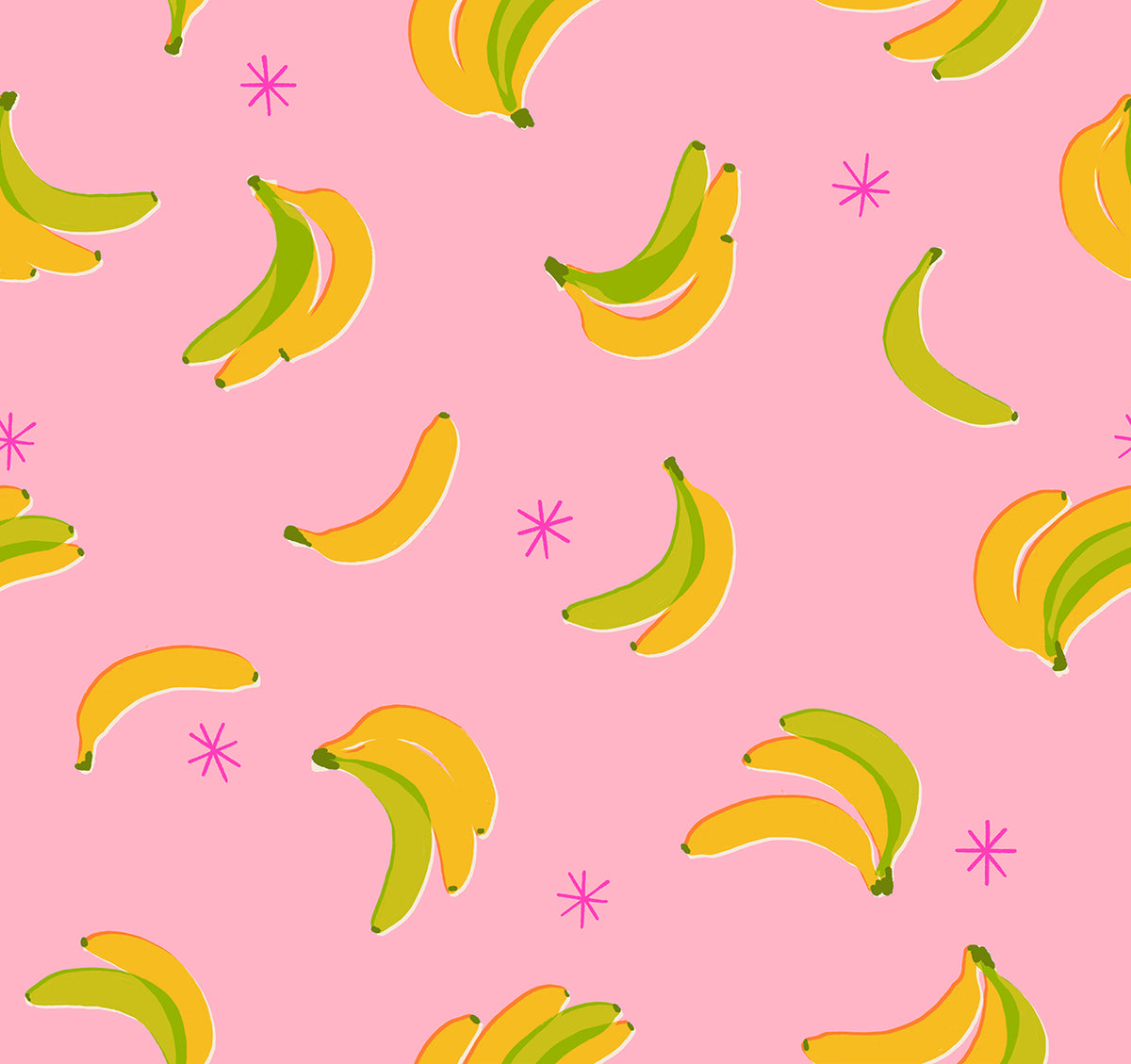 Ruby Star Society Sparkle Shopper quilting cotton swatch, Bananas in Posy (RS0129-16), yellow bananas on pink, in the fat quarter bundle