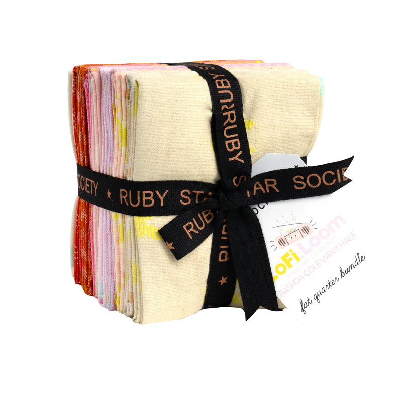 Ruby Star Society Lofi Loom Wovens fat quarter bundle, folded yarn-dyed woven cotton fat quarters tied with black ribbon