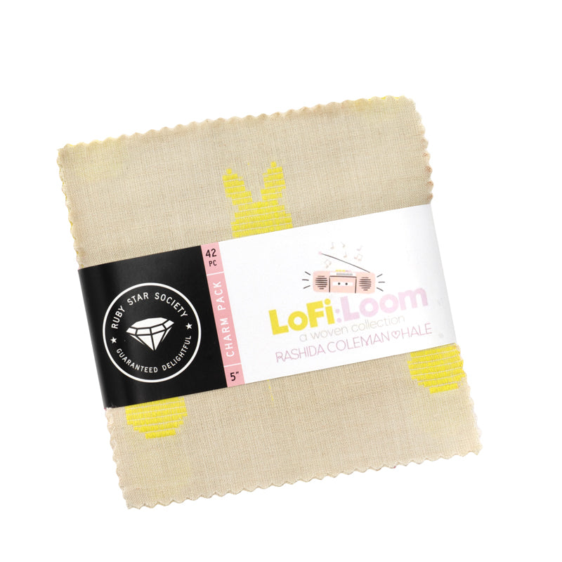 Ruby Star Society Lofi Loom Wovens charm pack, 5 inch yarn-dyed woven cotton squares with a cream label