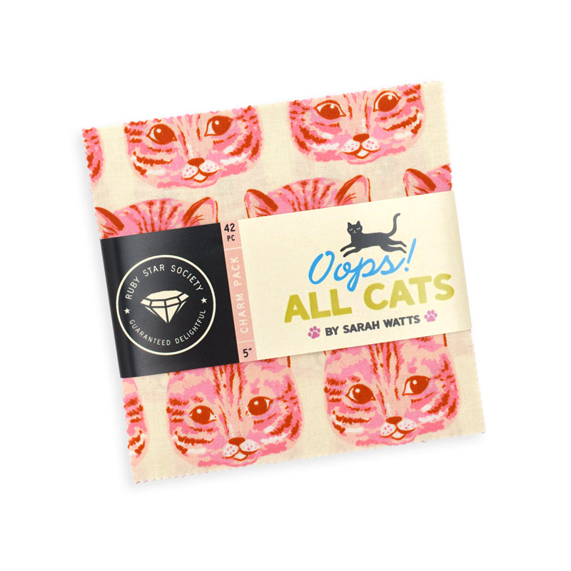 Ruby Star Society Oops All Cats charm pack, 5 inch quilting cotton squares with a pink cat face print on top