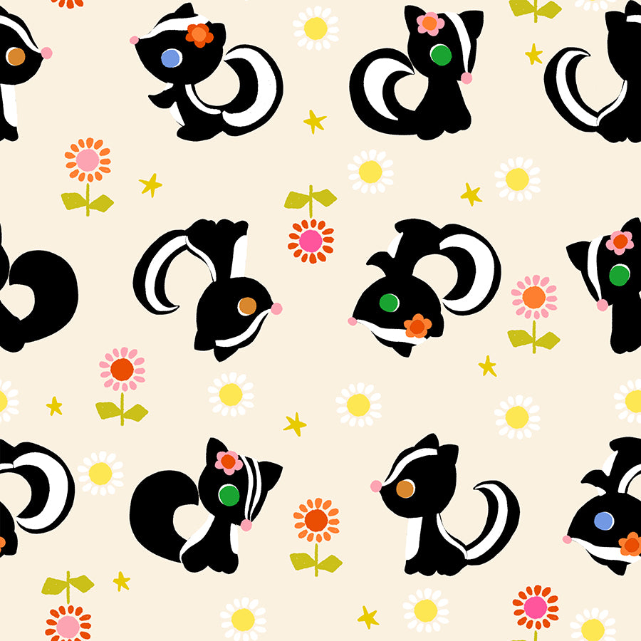 Ruby Star Society Daisy Days quilting cotton swatch, Flower Friends in Natural (RS4172-11), cartoon skunks and flowers on cream