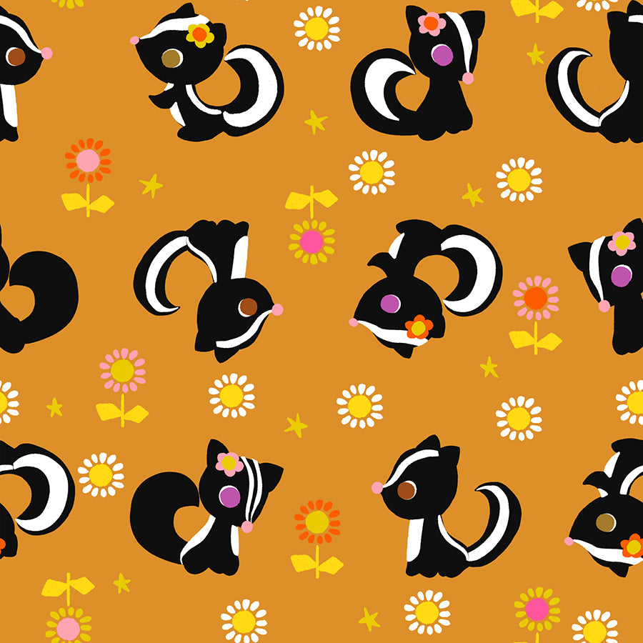 Ruby Star Society Daisy Days quilting cotton swatch, Flower Friends in Honey (RS4172-12), skunks and flowers on honey orange