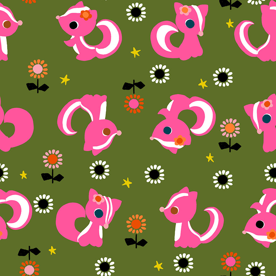 Ruby Star Society Daisy Days quilting cotton swatch, Flower Friends in Sarah Green (RS4172-13), pink skunks on olive green