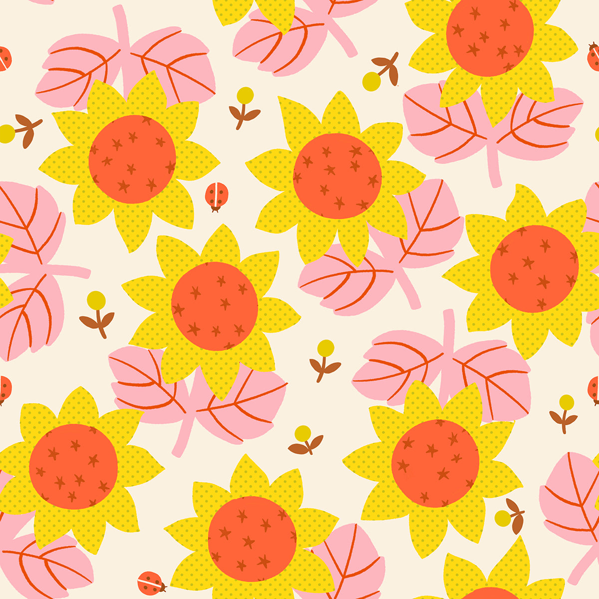 Ruby Star Society Daisy Days quilting cotton swatch, Sunflower in Natural (RS4173-11), big sunflowers and pink leaves on cream