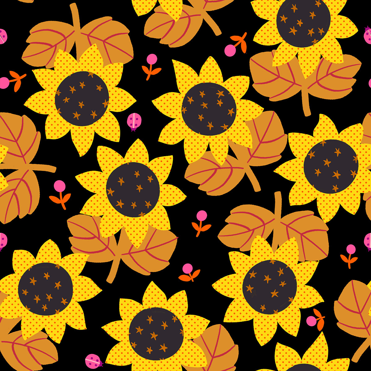 Ruby Star Society Daisy Days quilting cotton swatch, Sunflower in Black (RS4173-16), sunflowers on black