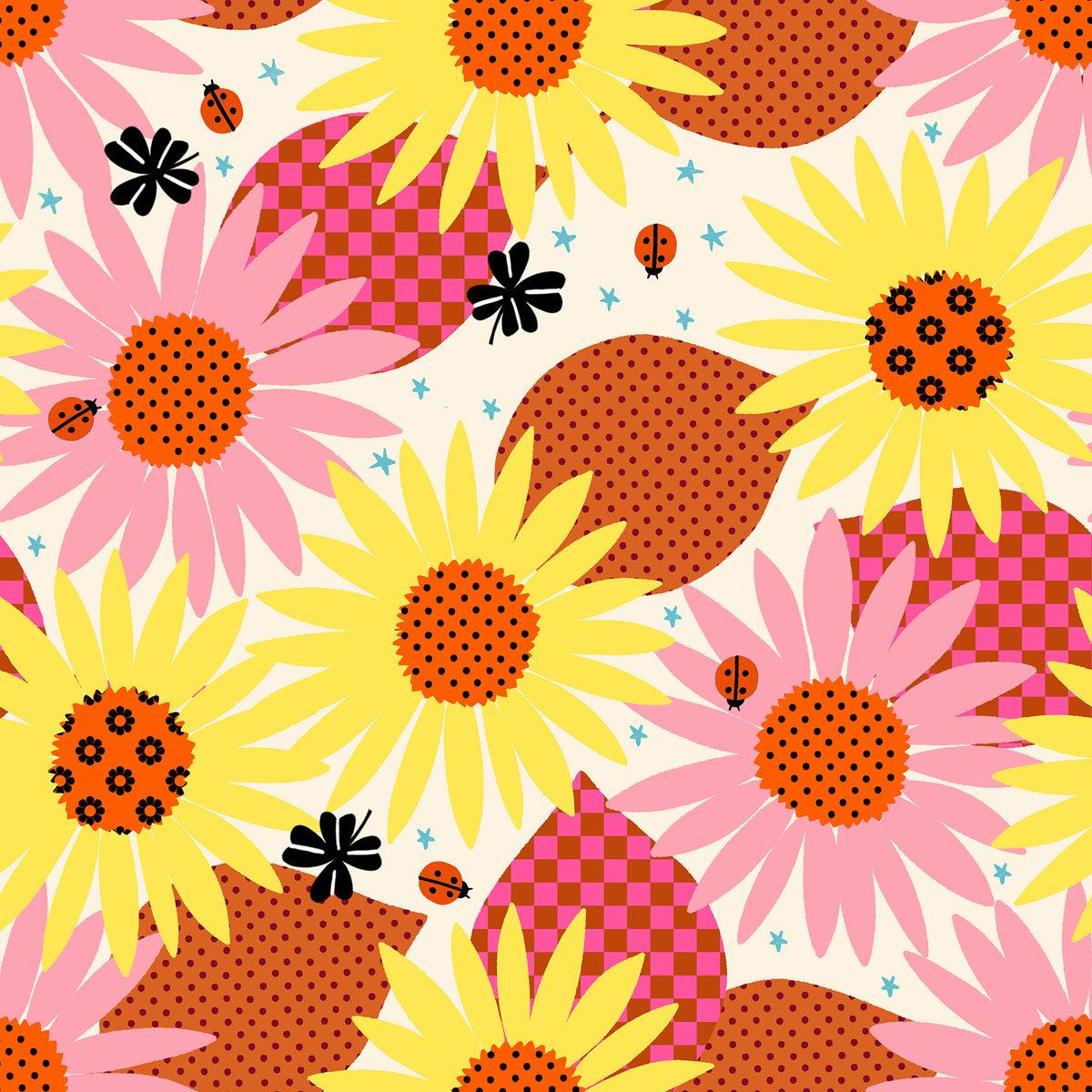 Ruby Star Society Daisy Days quilting cotton swatch, Daisy Days in Natural (RS4174-11), oversized daisies and ladybugs on cream