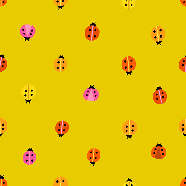 Ruby Star Society Daisy Days quilting cotton swatch, Ladybug in Golden Hour (RS4176-13), ladybugs on golden yellow