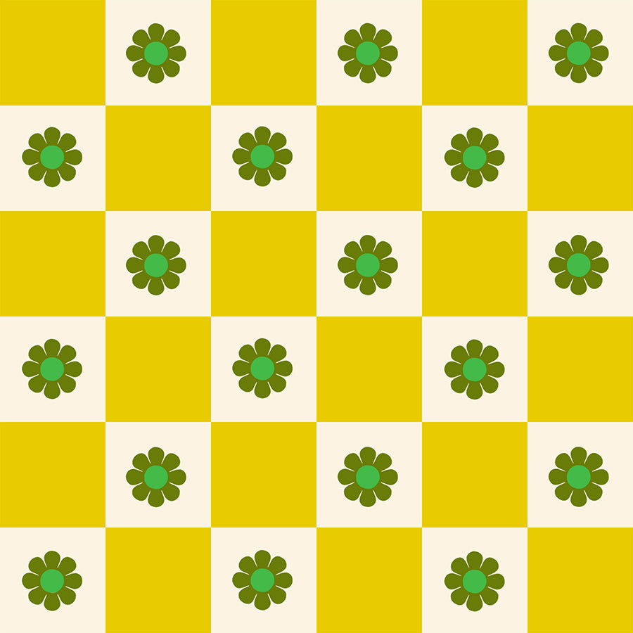 Ruby Star Society Daisy Days quilting cotton swatch, Flowers Check in Golden Hour (RS4178-11), yellow check with green flowers
