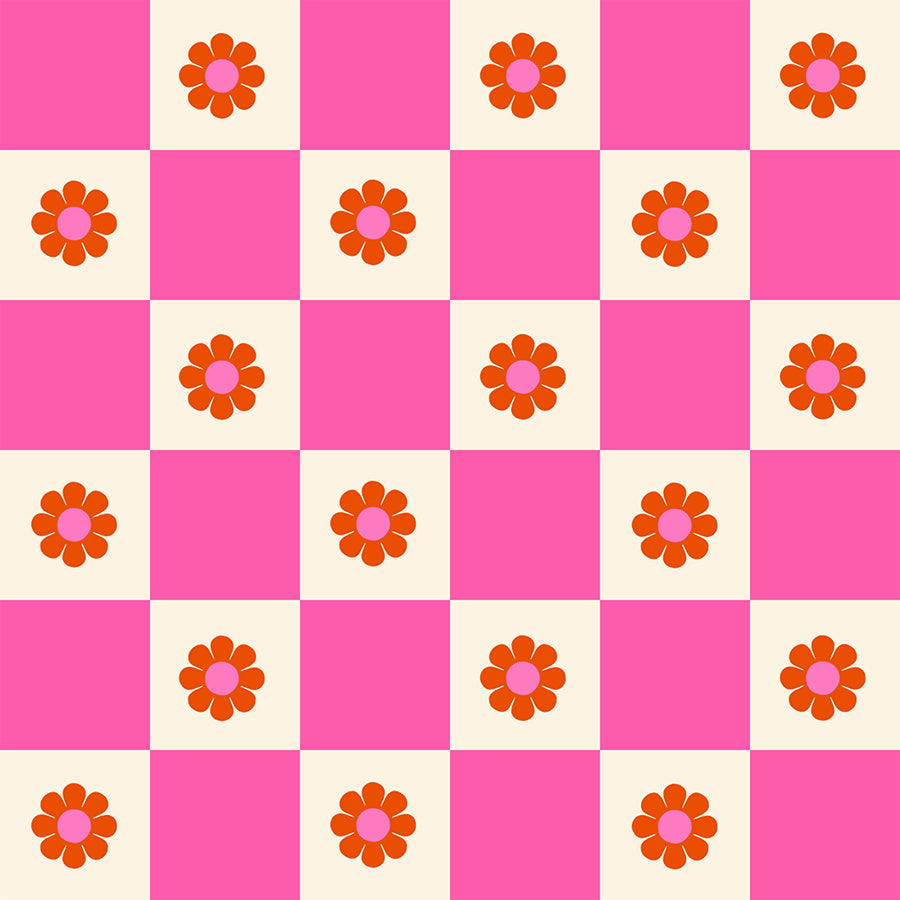Ruby Star Society Daisy Days quilting cotton swatch, Flowers Check in Playful (RS4178-12), pink check with red flowers