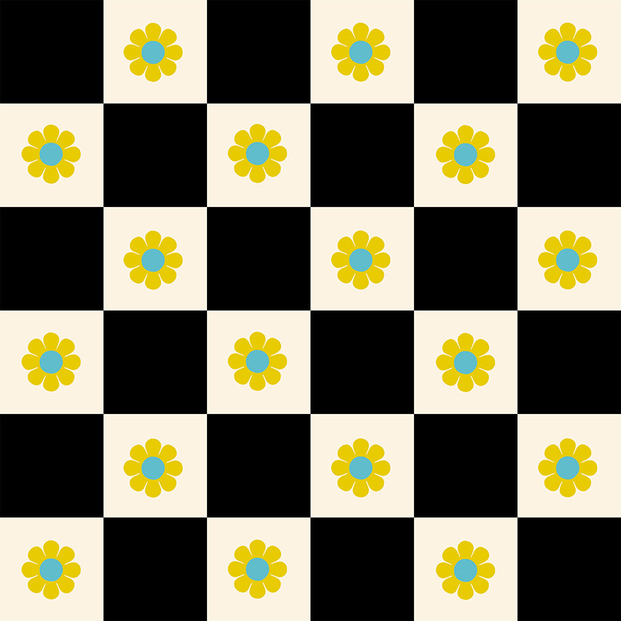 Ruby Star Society Daisy Days quilting cotton swatch, Flowers Check in Black (RS4178-15), black and cream checkerboard with daisies