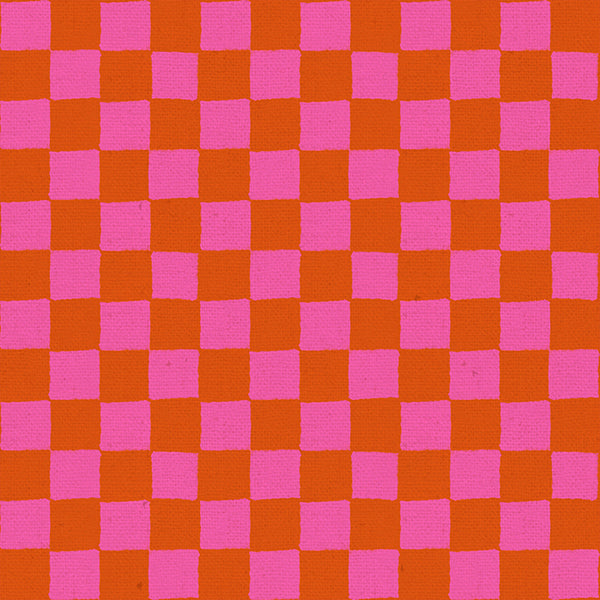 Ruby Star Society Daisy Days canvas swatch, Block Print Canvas in Playful (RS4180-15), pink and orange block print check