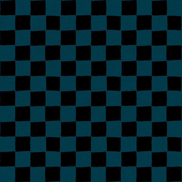 Ruby Star Society Daisy Days canvas swatch, Block Print Canvas in Galaxy (RS4180-17), teal and black block print check