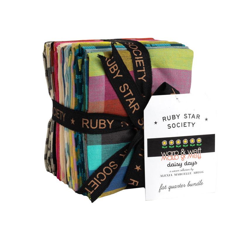 Ruby Star Society Warp and Weft Daisy Days fat quarter bundle, yarn-dyed woven cotton fat quarters folded and tied in black ribbon