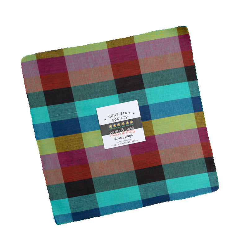 Ruby Star Society Warp and Weft Daisy Days layer cake, 10 inch yarn-dyed woven cotton squares with a teal and pink plaid on top
