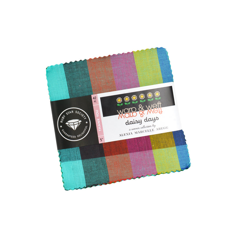 Ruby Star Society Warp and Weft Daisy Days charm pack, 5 inch yarn-dyed woven cotton squares in stripes, checks and plaids