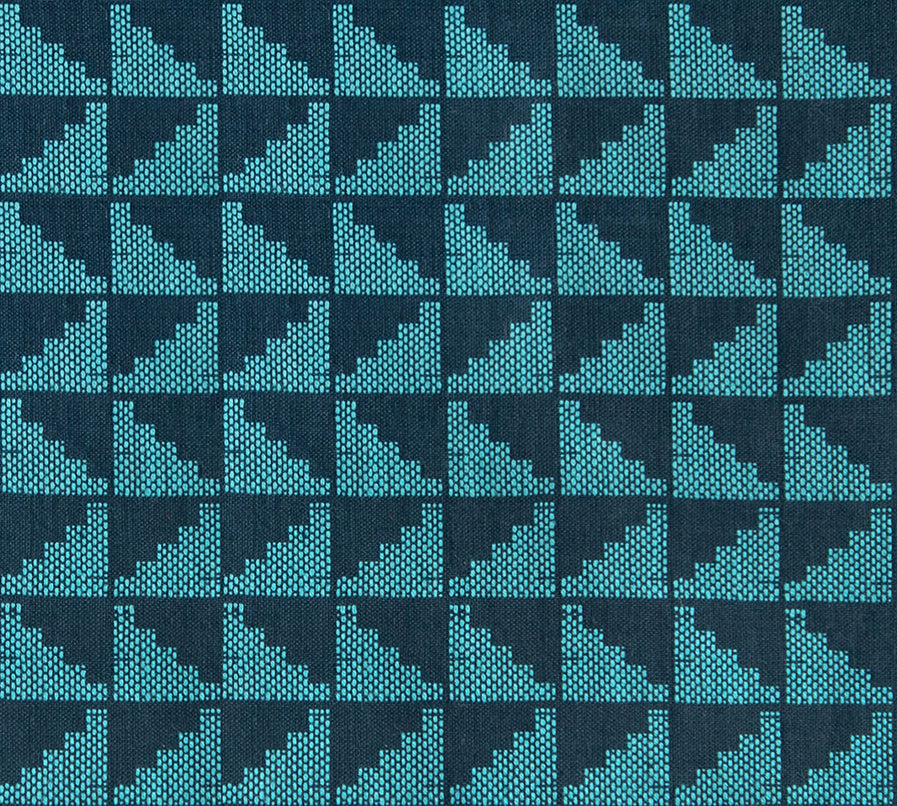 Ruby Star Society Warp and Weft Daisy Days yarn-dyed woven cotton swatch, Polka in Galaxy (RS4182-11), navy and teal triangle pattern