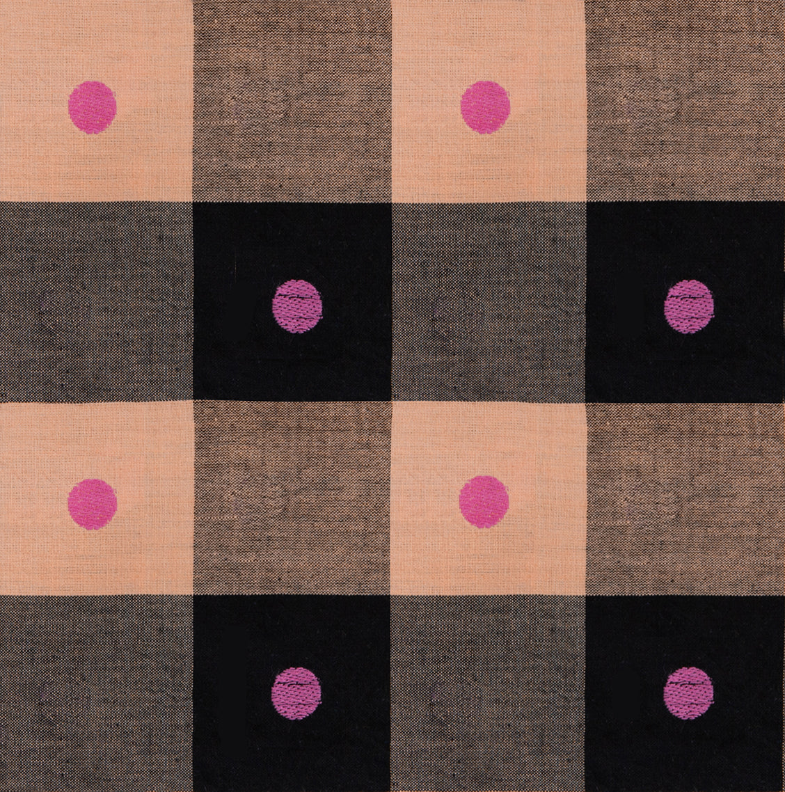 Ruby Star Society Warp and Weft Daisy Days yarn-dyed woven cotton swatch, Parquet in Black (RS4185-11), black, pink and tan parquet check with dots
