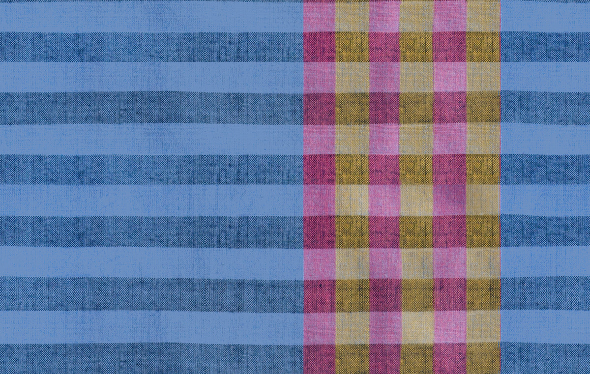 Ruby Star Society Warp and Weft Daisy Days yarn-dyed woven cotton swatch, Shoreline in Blue (RS4191-11), blue and pink plaid stripe