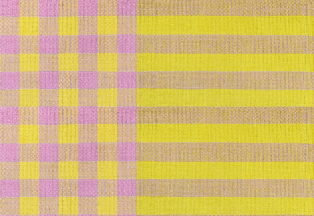 Ruby Star Society Warp and Weft Daisy Days yarn-dyed woven cotton swatch, Shoreline in Golden Hour (RS4191-12), yellow and pink check