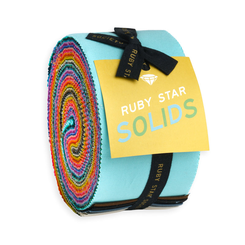 Ruby Star Society Ruby Star Solids jelly roll, rolled 2.5 inch quilting cotton strips in rainbow solid colors tied with black ribbon