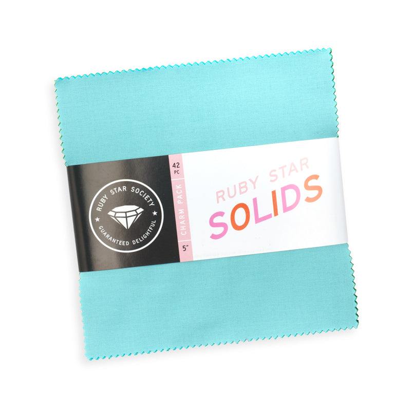 Ruby Star Society Ruby Star Solids charm pack of 5 inch quilting cotton squares with pinked edges and aqua solid on top