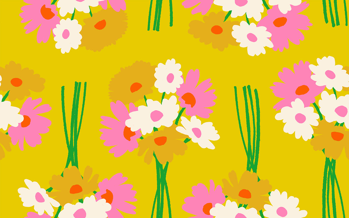 Ruby Star Society Sparkle Mart quilting cotton swatch (RS0118-13) with flower bouquets on yellow, a print in the precut layer cake and charm pack