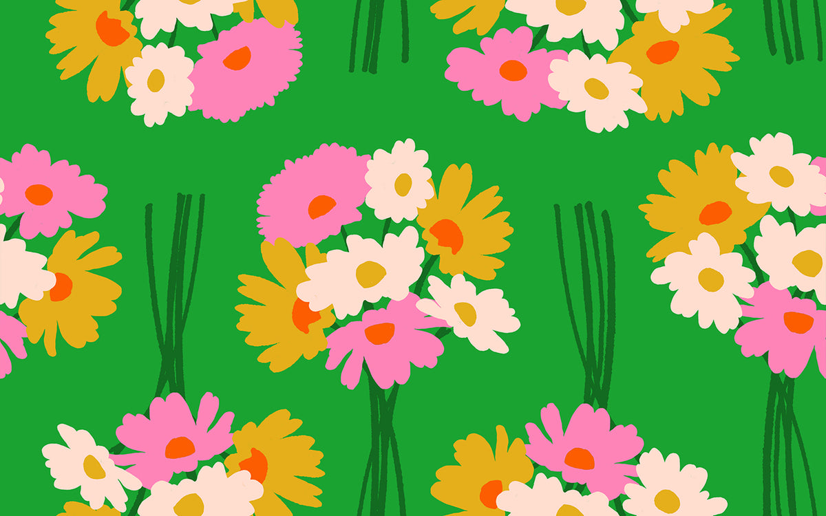 Ruby Star Society Sparkle Mart quilting cotton swatch (RS0118-16) with flower bouquets on green, a print in the precut layer cake and charm pack